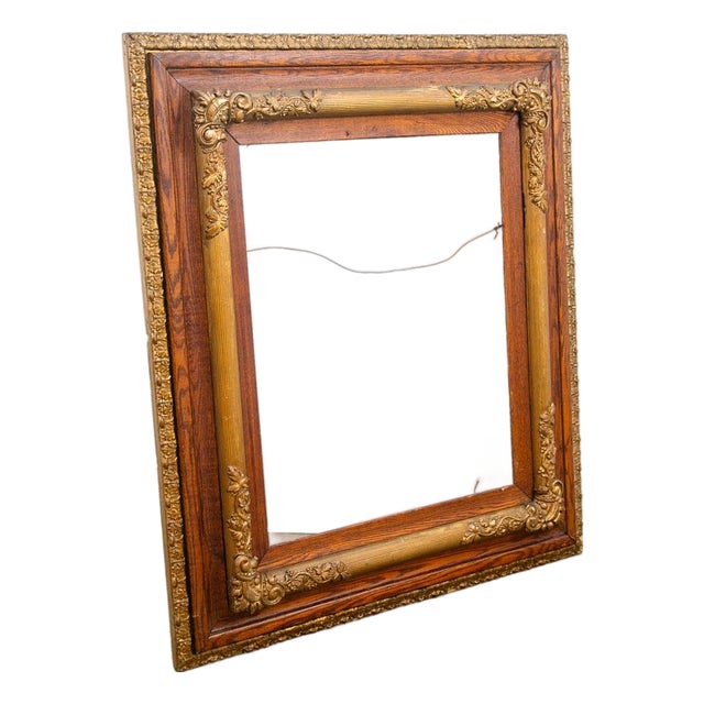 Antique Victorian Frame Picture Wall Framed Solid Oak Gold Gilt Brass Art 30x33 For Sale