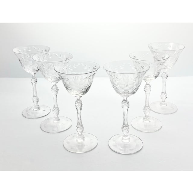 American 1940s Cambridge “Lucia” Etched Liquor Cocktail Cordial Wine Glass - Set of 6 For Sale - Image 3 of 8