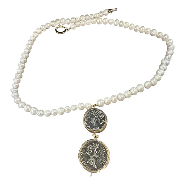 1980s Bulgari Style River Pearls and Brass Roman Coins Pendant Necklace For Sale