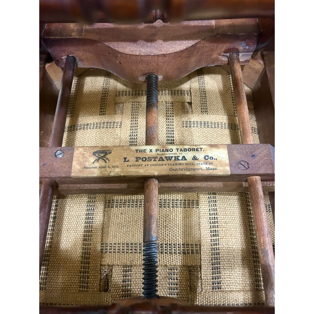 Auburn Antique, Victorian, Adjustable X-Frame, Mahogany Piano/Foot Stool, With Geometric, Needle-Point, Upholstered Top, Postawka, Cambridgeport, Mass, 1871 For Sale - Image 8 of 9
