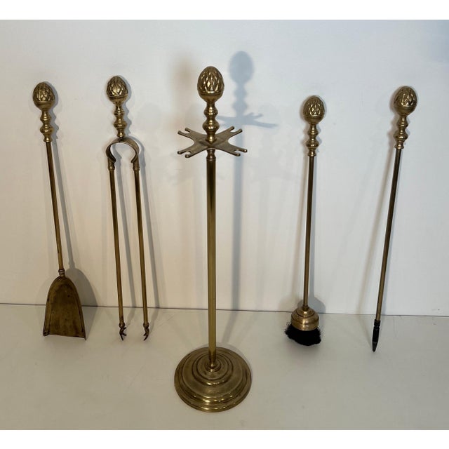 Metal Neoclassical brass pineapple fireplace tools in the style of Maison Baguès For Sale - Image 7 of 12