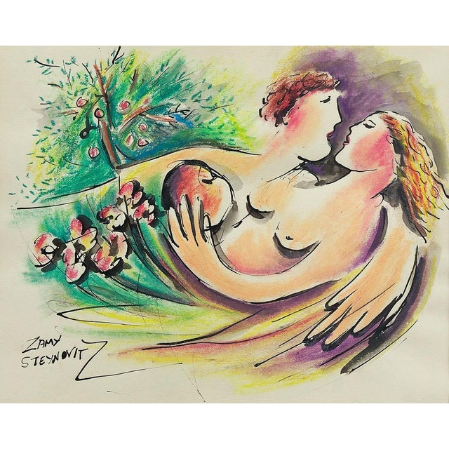 This painting depicts a man and woman, Adam and Eve, interlocked and embracing one another. The woman holds an enticing...