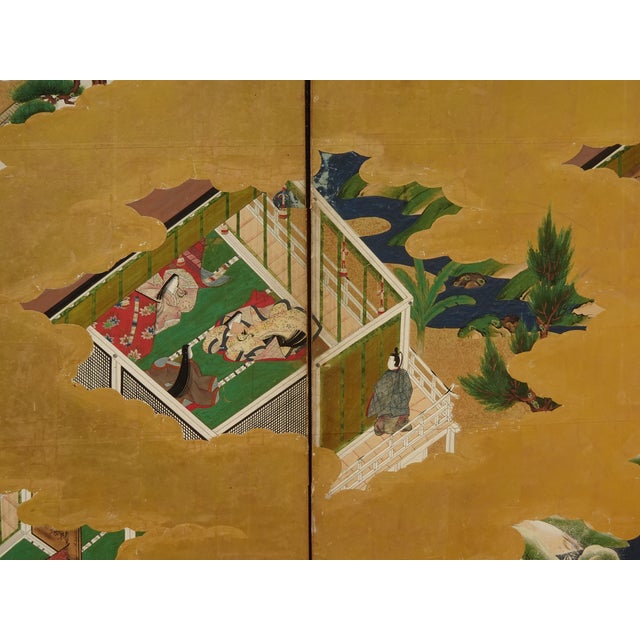 1800s Japanese Four Panel Screen Picture Genji Tokugawa W Letter of Authenticity For Sale In Los Angeles - Image 6 of 15
