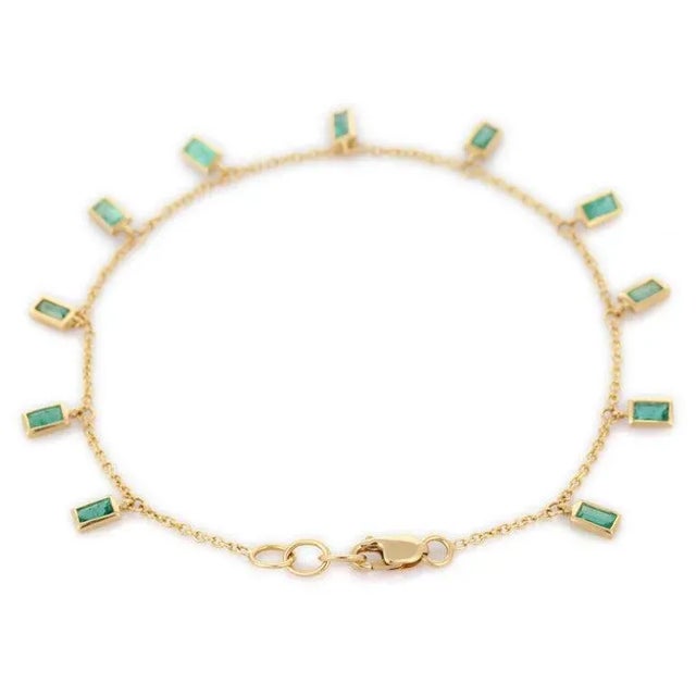 Not Yet Made - Made To Order Natural Baguette Cut Emerald Dangling Charm Bracelet in 18k Solid Yellow Gold For Sale - Image 5 of 10