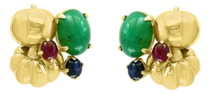 12 Carat Cabochon Emerald Diamond Clip Earrings 14 Karat Yellow Gold, Estate