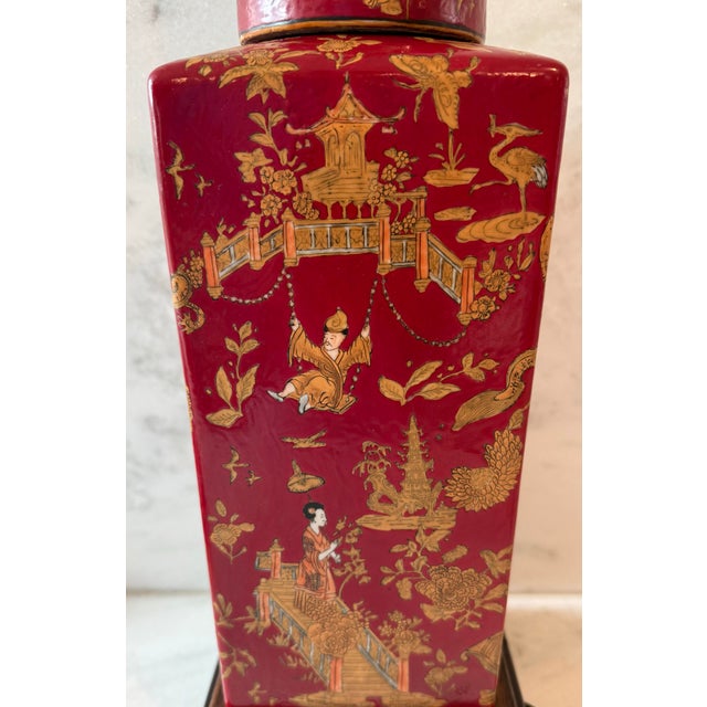 Mid 20th Century Vintage Hand Painted Red Chinoiserie Table Lamp For Sale - Image 5 of 9