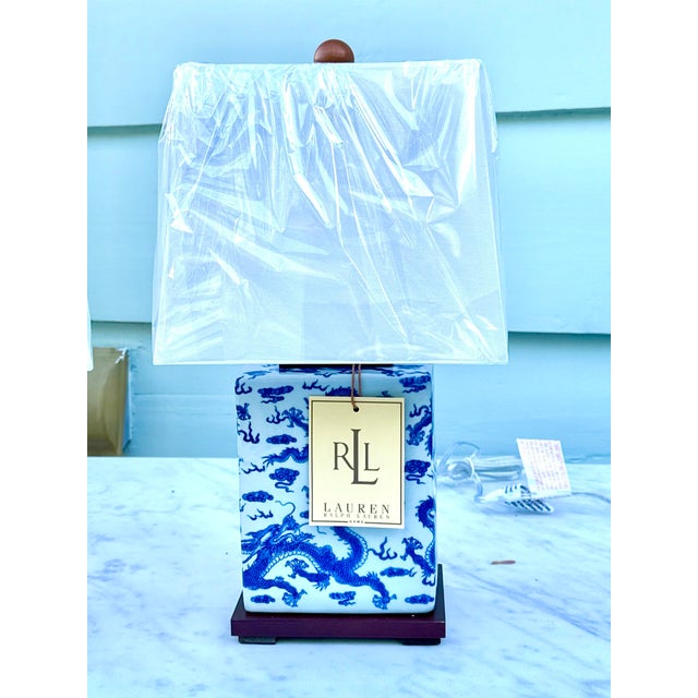 2020s Ralph Lauren Blue and White Dragon Lamps - A Pair For Sale - Image 5 of 10