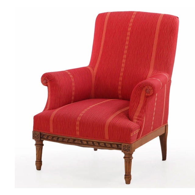 1900 - 1909 Near Pair of Edwardian Walnut Library Armchairs in Crimson Striped Upholstery, C. 1900 For Sale - Image 5 of 6