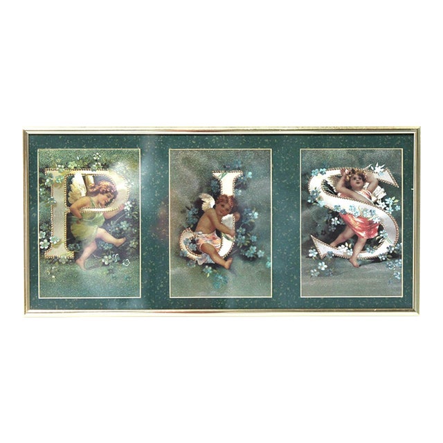 Framed Vintage Set of Foil Print Cherub Alphabet Postcards in Letters J, P, S For Sale