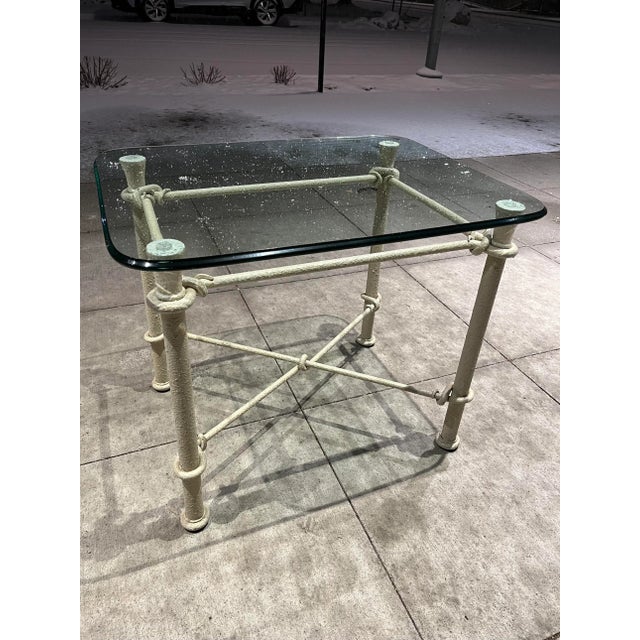 Alabaster Mid-Century Modern Giacometti Style Wrought-Iron & Thick Glass End Table For Sale - Image 8 of 13
