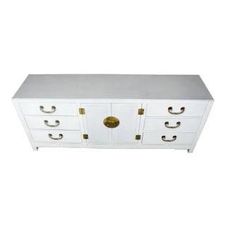 Hollywood Regency Lacquer Brass Hardware Long Credenza For Sale