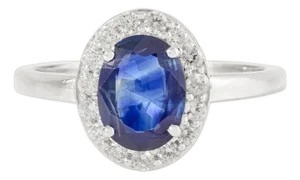 Oval Cut Sapphire Halo Engagement Ring With Natural Diamonds Size 6.5