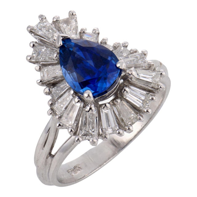 Mid Century 1.50 Carat Sapphire Diamond Platinum Ballerina Ring, Size 6 For Sale