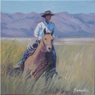 Sean Wu Original Oil Painting, Cowboy Riding a Horse on the Field For Sale