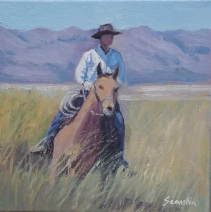 Sean Wu Original Oil Painting, Cowboy Riding a Horse on the Field