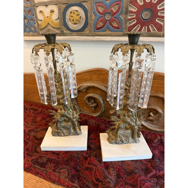 Victorian Pair Antique Victorian Figural Bronze Gilt Girandole Candlesticks Crystal Prisms For Sale - Image 3 of 4