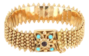 Vintage Portuguese Garnet Turquoise 19k Yellow Gold Flex Bracelet