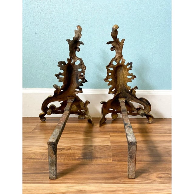 Brass 19th C. French Rococo Brass Andirons – A Pair – Gilded Age / European Antique For Sale - Image 8 of 12