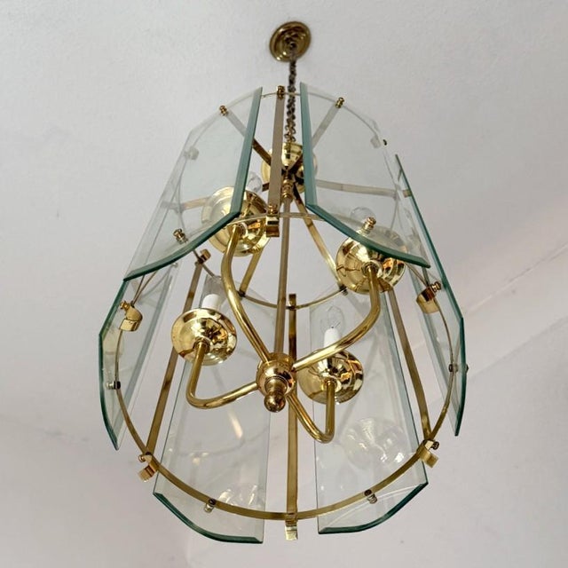 Mid-Century Modern Vintage Mid-Century Modern Style Hollywood Regency Glass & Brass Foyer Chandelier Light For Sale - Image 3 of 3
