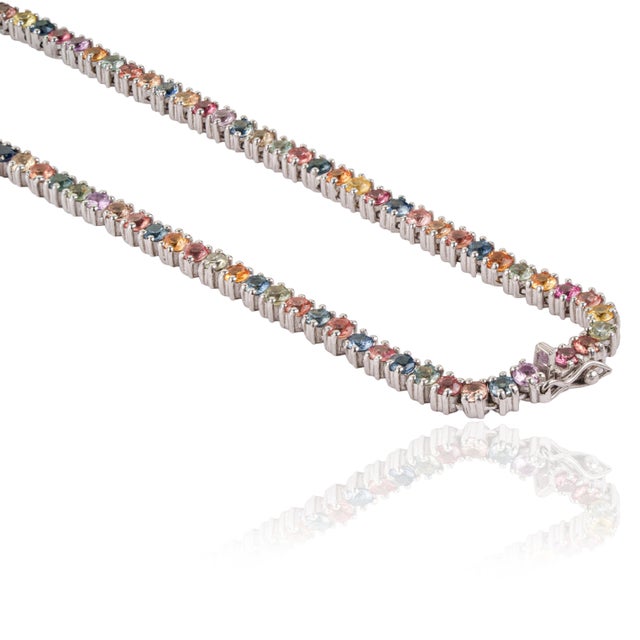 Metal 925 Silver 20.81 Ct Rainbow Multi Sapphire Rivière Tennis Necklace 18.5 Inch - Christmas Gift For Sale - Image 7 of 13