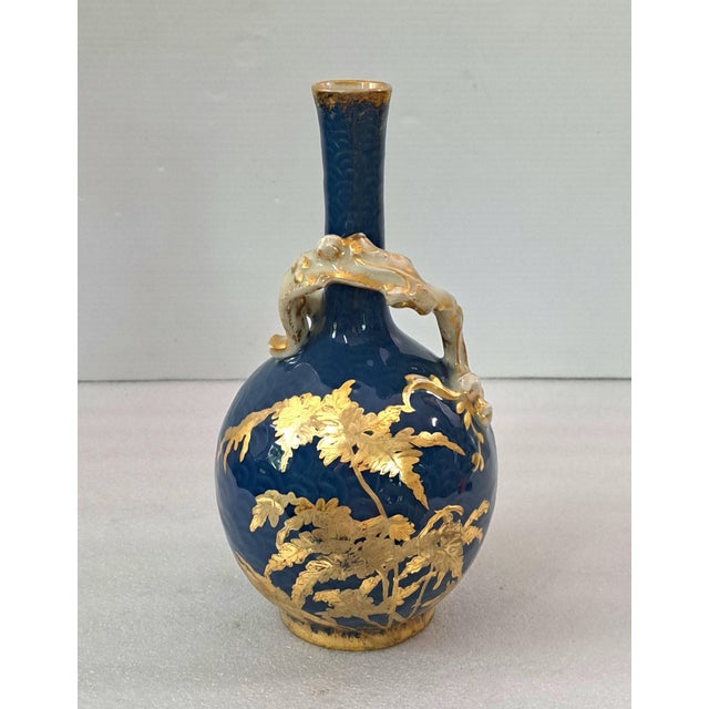Victorian Antique Jean Pouyat Limoges Cobalt Blue & Gilt Porcelain Bottle Vase With Branch Handle For Sale - Image 3 of 12