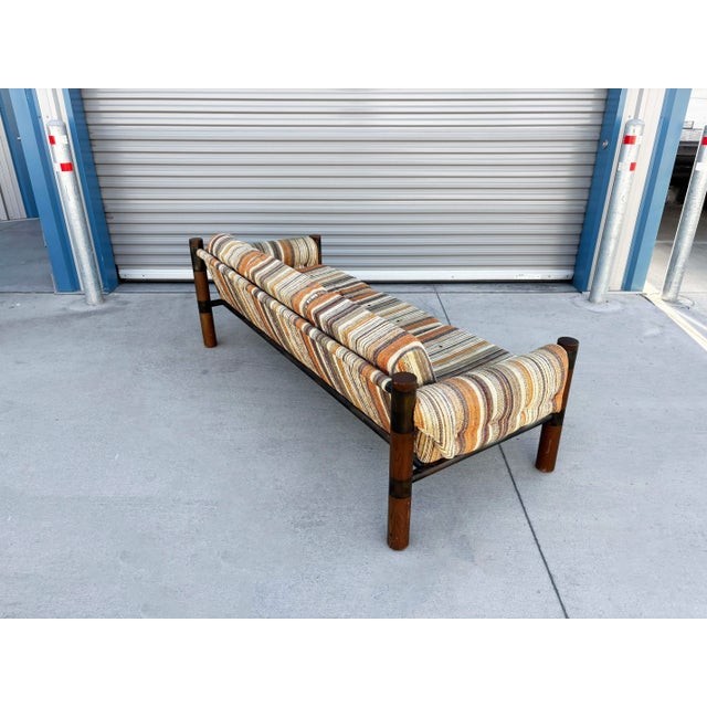 1960s 1970s Vintage Brutalist Wood, Brass, and Striped Upholstered Sofa For Sale - Image 5 of 12