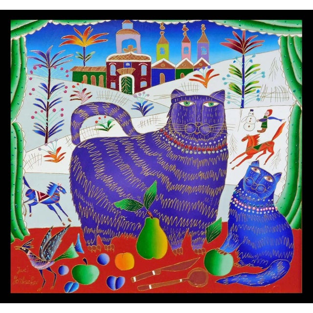 "Cat and Kitten Near Window in Winter" Original Oil and Gold Enamel on Canvas Hand signed by the Artist Hand Signed and...