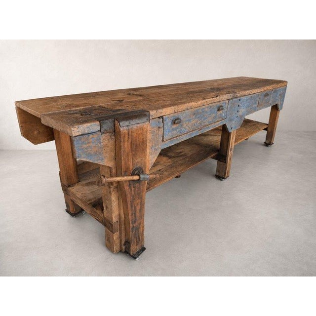 Farmhouse Antique 19th-Century Primitive Blue-Painted Carpenter's Workbench / Console Table For Sale - Image 3 of 13