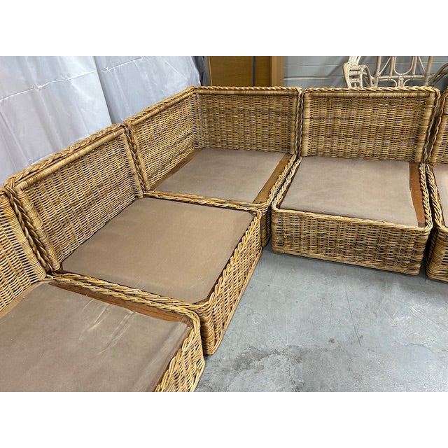 Chic vintage BOHO cane rattan 6 piece wicker sofa ready for you to add cushions upholstered in your favorite fabric. Total...