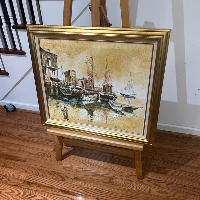1970s Modern American Seascape Impressionist Style Oil on Canvas Titled Boats in the Harbour Framed Signed For Sale - Image 11 of 12