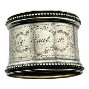 Mid 19th Century Large Antique American Victorian Style 800 Grade Coin Silver Napkin Ring Dated 1891 for "Paul"