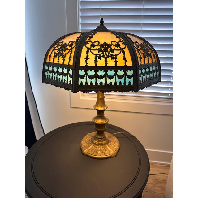 Antique n.w. Art Shade Co. Slag Glass Table Lamp For Sale - Image 13 of 17