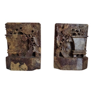 Antique Carved Stone Soapstone? Floral Design Bookends - a Pair For Sale