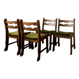 Brutalist Oak Razorback Dining Chairs with Green Velvet, 1970s, Set of 4 For Sale