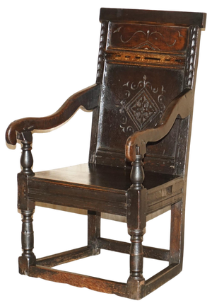 17th Century English Jacobean Hand Carved Oak Armchair with Tudor Panelling