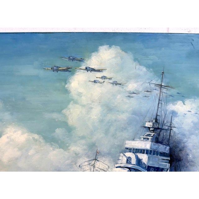1960s Vintage Original u.s. Navy Battle Ship Boat Air Force Seascape Oil Painting Army For Sale - Image 5 of 14