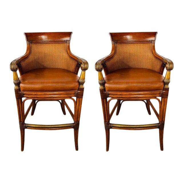 Ethan Allen Faux Bamboo Rattan and Leather Seat Bar Stools, a Pair