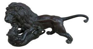 Antique Patinated Bronze Lion and Tiger Animalier Sculpture