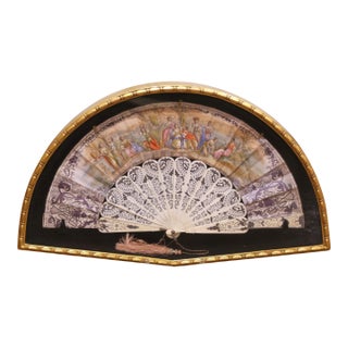 19th Century French Hand-Painted Fan With Pierced Bone Sticks in Gilt Frame For Sale