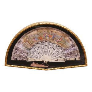 19th Century French Hand-Painted Fan With Pierced Bone Sticks in Gilt Frame