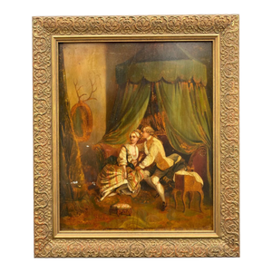 Antique French Chamber Scene With Lovers Oil Painting