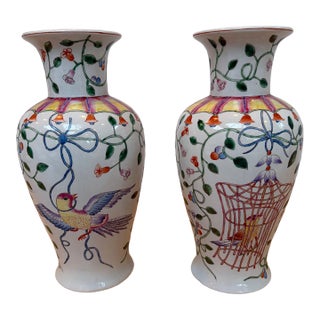 Pair of Altfield Hong Kong Hand-Painted Chinoiserie Bird & Floral Porcelain Vases, 14” For Sale