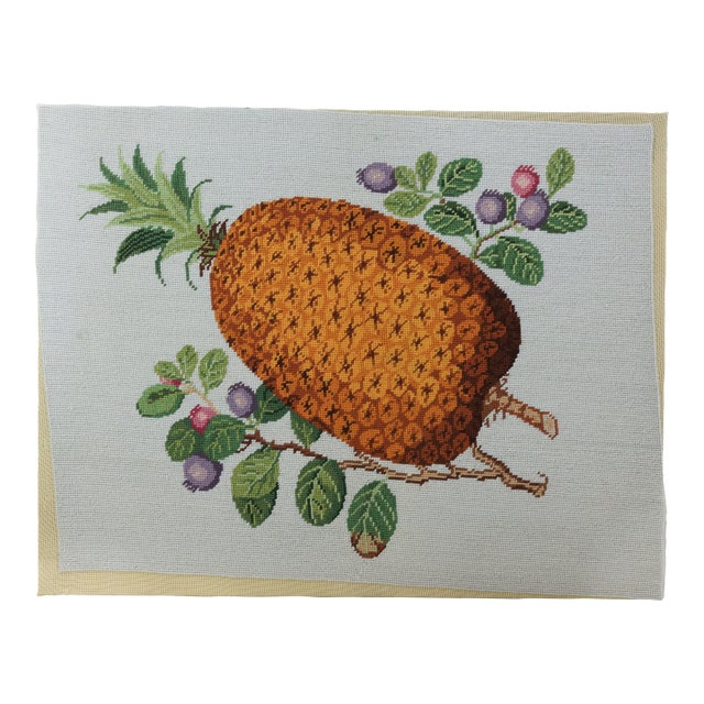 Vintage Needlework Botanical Still Life – Rustic Textile Wall Art With Pineapple and Berries For Sale