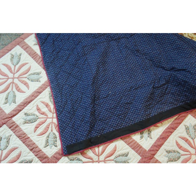 Vintage Hand Stitched Geometric Folk Art Tulips King Queen Blanket Bedspread Quilt For Sale - Image 10 of 13
