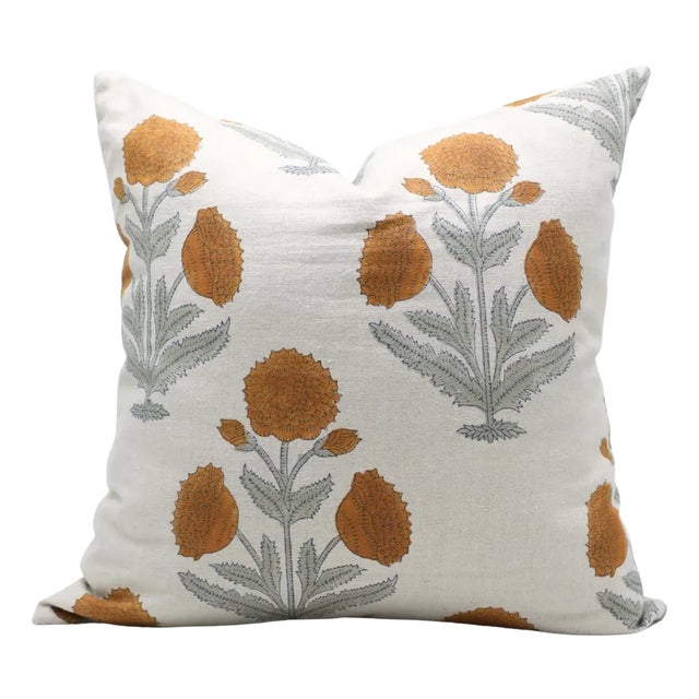 Fabdivine Handmade Block Printed Floral Designer Pure Linen Decor Throw Pillow Cover 22x22 Inch- Badshah For Sale
