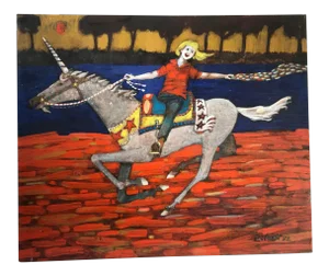 1980s Folk Art Style Figurative Unicorn Painting on Board by Ted Bredt