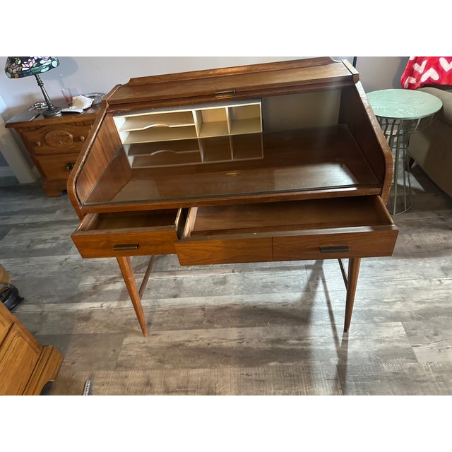 Mid-Century Modern Mid-Century Walnut Roll Top Desk For Sale - Image 3 of 5
