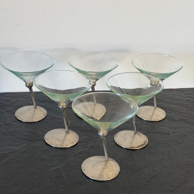 Mid-Century Metal and Glass Martini Glasses, Set of 6 For Sale - Image 4 of 5