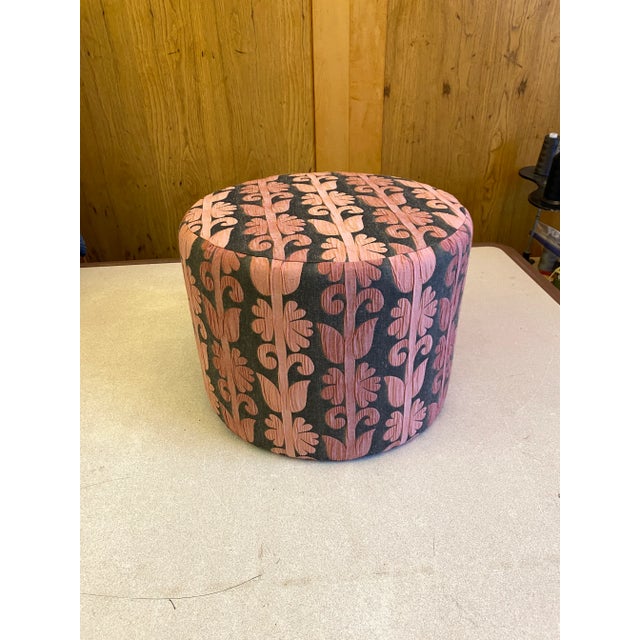 Art Nouveau New Custom Upholstered Footstool, Pink and Grey Striped Stylised FloralBrocatelle, For Sale - Image 3 of 6
