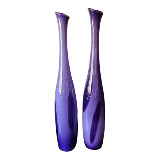 1980s Postmodern Oggetti Style Amethyst Swirl Art Glass Floor Vases - A Pair For Sale